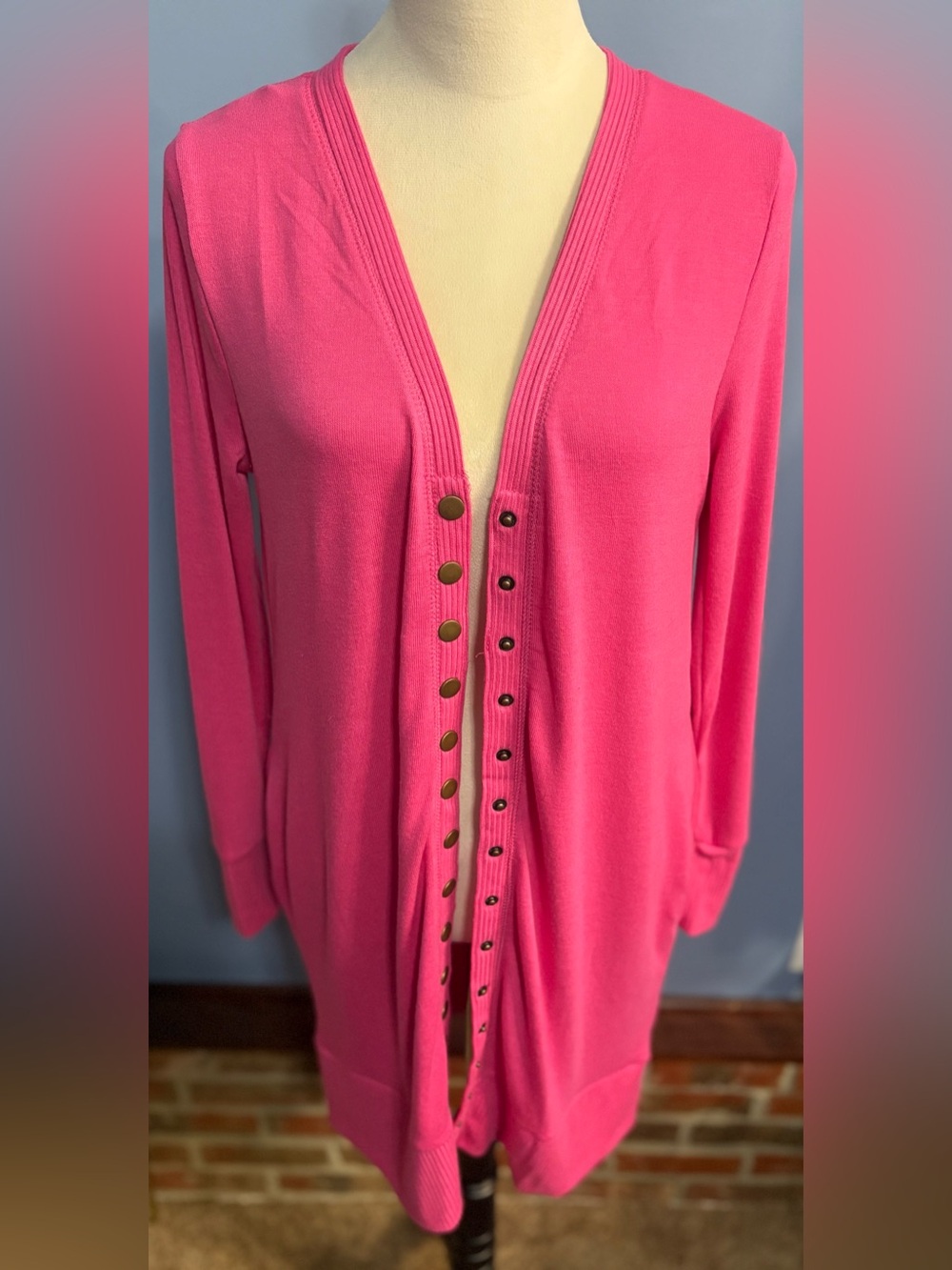 NWOT Women’s Long Pink Snap-Front Cardigan Sweater